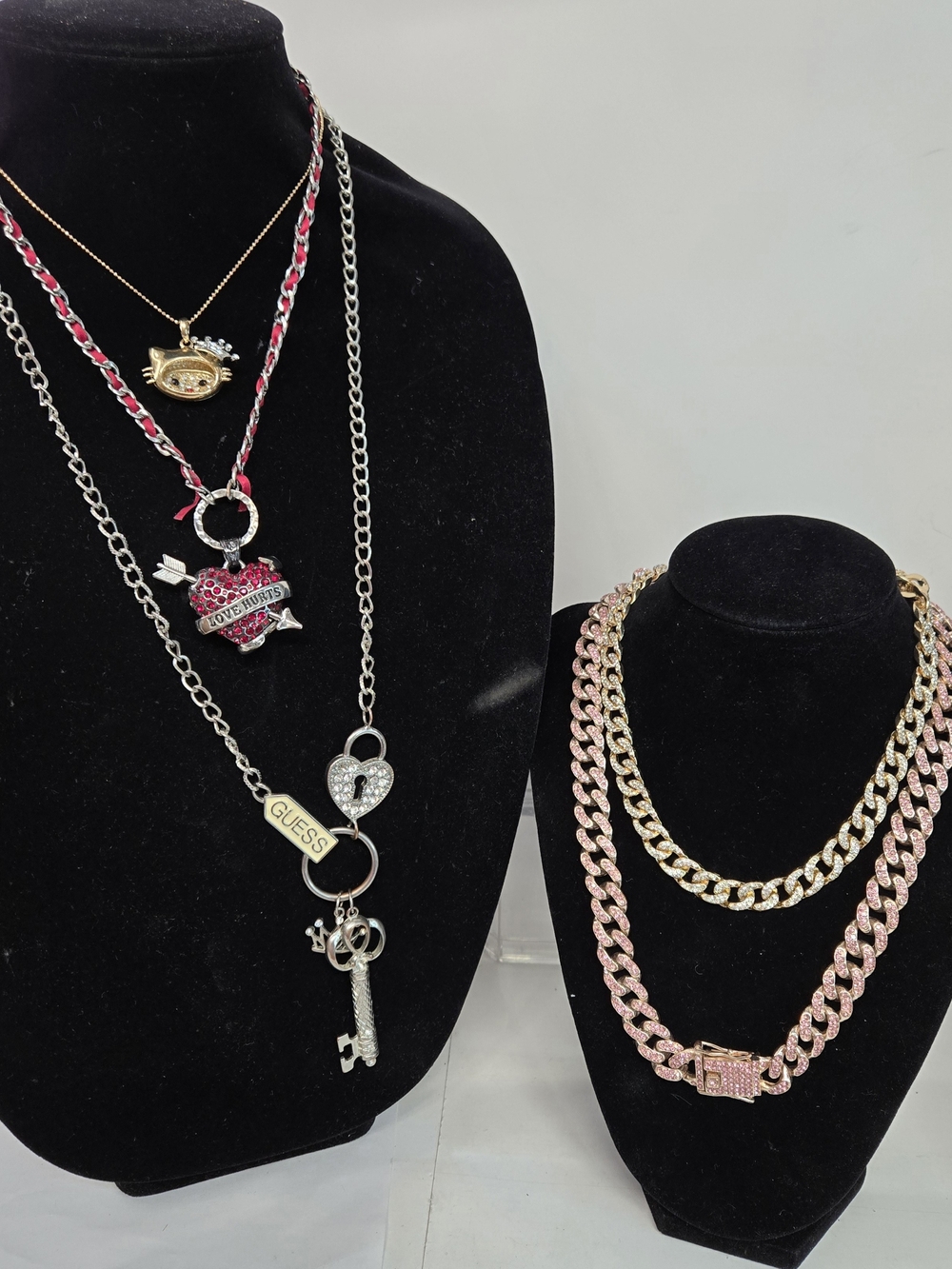 GUESS Pink and Gold Pave Heart Pendant Necklace Set